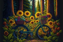  A Painting Of A Bicycle In A Forest With Sunflowers On The Ground And A Basket Of Flowers On The Front Of The Bike.  Generative Ai
