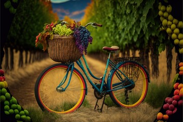 Sticker -  a painting of a bicycle with a basket of grapes on the front of it, in front of a road with trees and grass and fruit.  generative ai