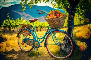 Sticker -  a painting of a blue bicycle with a basket of fruit on the back of it, in front of a vineyard with a cat and a tree.  generative ai