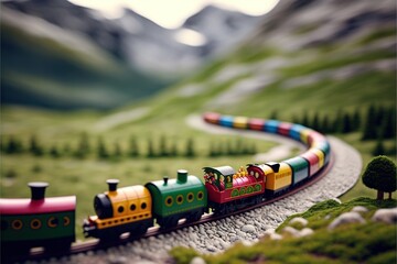 Poster -  a toy train on a toy track in a model mountain setting with trees and mountains in the background and a toy train on the track in the foreground.  generative ai