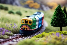 A Toy Train Is On The Tracks In A Field Of Flowers And A Small Tree Is In The Foreground Of The Picture And A Small Tree Is In The Foreground.  Generative Ai