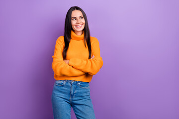 Wall Mural - Photo of charming positive person folded arms toothy smile look empty space isolated on violet color background