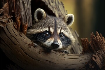  a raccoon peeks out of a hollow in a tree trunk with its eyes wide open and it's head peeking out.  generative ai