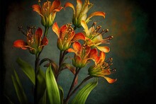  A Painting Of Orange Flowers In A Vase On A Green Tablecloth With A Black Background And A Green Background With A Black Border Around The Edges.  Generative Ai