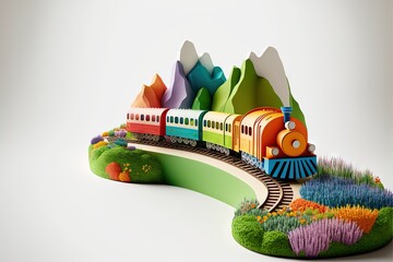 Wall Mural -  a colorful toy train is coming down the tracks in a landscape of mountains and grass, with a bridge leading to the top of the train.  generative ai