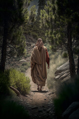 Wall Mural - Jesus Christ walks alone in the wilderness - AI generative