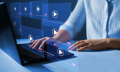 Woman watching alive stream.Live digital stream multimedia player.Online live stream window. Video streaming on internet concept. 