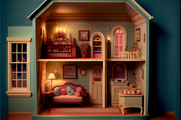 Traditional vintage doll house, ideal for kids backgrounds, generative AI