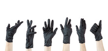 A Hand With A Black Rubber Glove Shows Various Gestures On A Transparent  Background. Isolated. Banner
