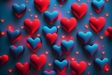 blue background with red neon hearts made with Generative AI technology