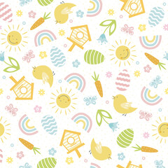 Wall Mural - Easter seamless pattern with bird, flowers, holiday eggs. Perfect for wallpaper, gift paper, web page background and Easter greeting cards