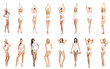 © Acronym - Young, fit, happy and beautiful blond woman in white swimsuit isolated on white background - set collection. Healthcare, diet, sport and fitness.