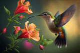 Hummingbird flying next to beautiful flower