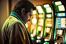 Ein älterer Trauriger Mann Spielt An Glückspielautomaten In Einer Spielhalle. Generative KI. Farbige Lichter Bilden Bokeh Im Hintergrund.