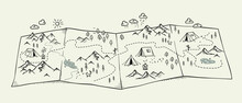 Cute Hand Drawn Map With Mountains, Tents, Trees, Hills. 3d Illustrated Landscape, Adventure - Great For Banners, Wallpapers, Cards.