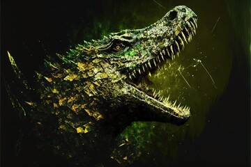 Sticker -  a close up of a crocodile's head with a black background and green and yellow paint splattered on it's face.  generative ai