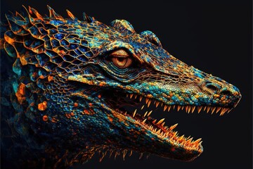 Sticker -  a close up of a dragon's head with its mouth open and sharp teeth exposed to the side, against a black background with a black background.  generative ai