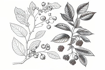 pencil drawing of berries and leaves. 3d illustration. Generative AI