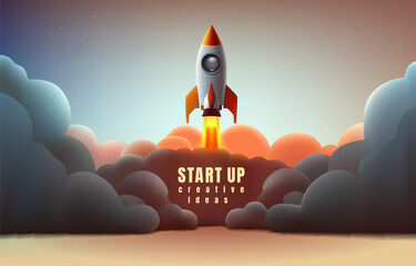 Wall Mural - Rocket space startup, creative idea cover, landing page web site, Vector