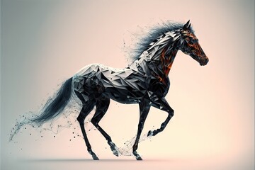 Poster -  a horse made up of geometric shapes on a gray background with a white background and a black horse running in the middle of the frame.  generative ai