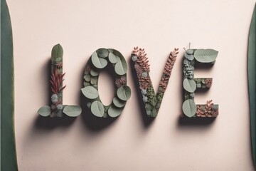 Wall Mural -  the word love spelled with plants and leaves on a pink background with a green border around it and the word love spelled with plants and leaves on a pink background.  generative ai