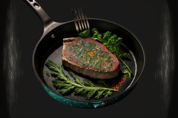 Poster -  a steak in a skillet with a fork on a plate with a green leafy salad and a piece of meat on it with a fork.  generative ai