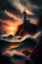 Coastline Landscape At Sunset With Dramatic Light, A Lighthouse At The Cliff And Some Waves, Autumnhd-enhance