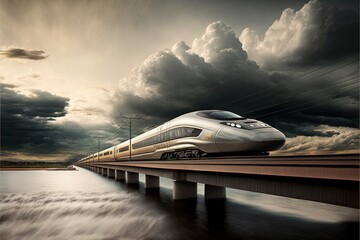 Poster -  a high speed train traveling across a bridge over a body of water under a cloudy sky with power lines and telephone poles in the foreground.  generative ai