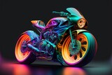 Fototapeta Młodzieżowe - Abstract Futuristic Motorcycle in Neon Colours made for Hight Speed Racing, the rims are on Fire - ideal for print, wallpaper or poster - Post produced generative AI Illustration