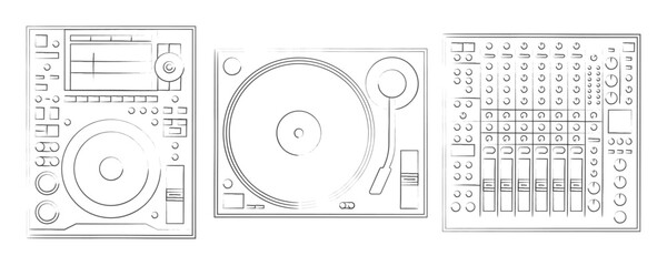 Wall Mural - Ink drawings of a DJ player, turntable and mixer