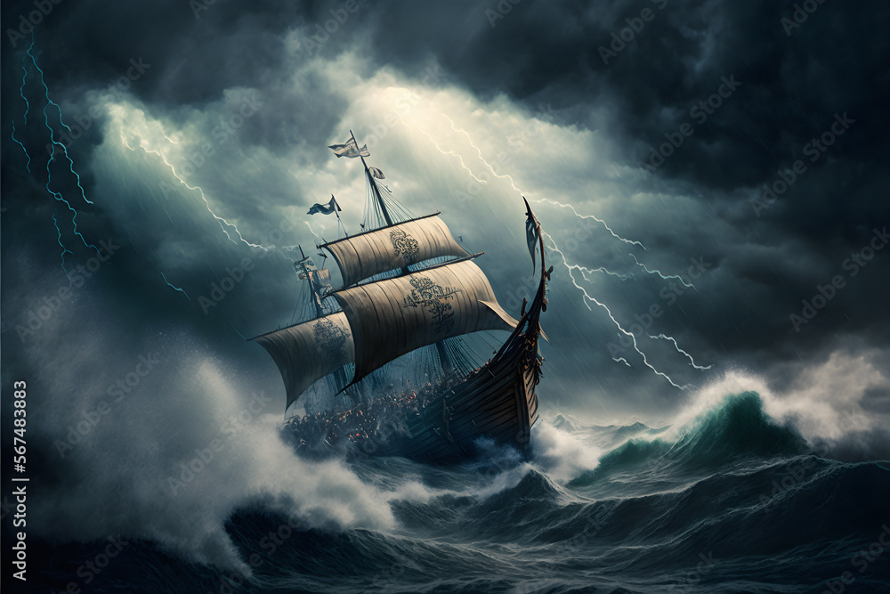 A medieval ship battles a fierce storm at sea, with waves crashing and ...