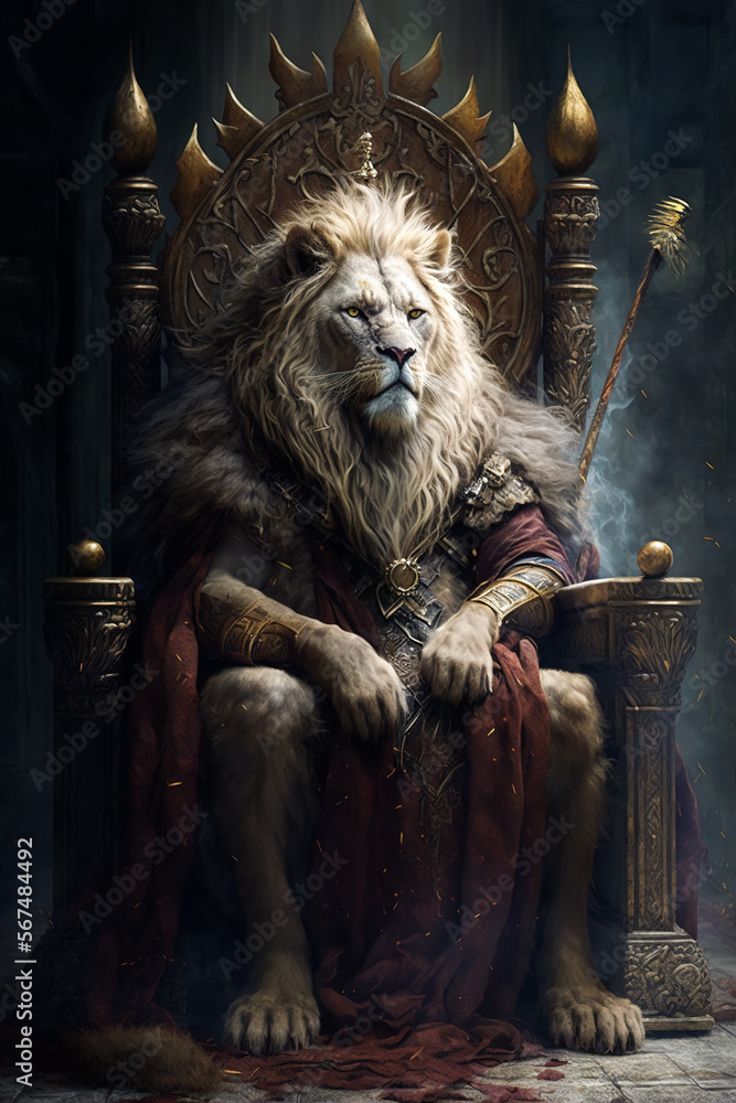 Portrait of the Lion King sitting on a crowned throne, generative