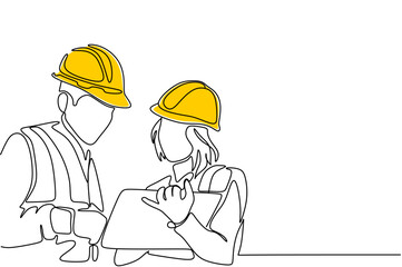 Wall Mural - Single continuous line drawing of young construction manager giving instruction to builder coordinator at site meeting. Building architecture business concept. One line draw design vector