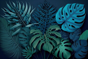 аbstract background. collection of tropical leaves in blue and burgundy colors. generative ai