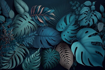 collection of tropical leaves in blue and burgundy colors. generative ai