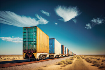  a train traveling through a desert under a blue sky with clouds in the background and a train car on the track with a cargo container on the side.  generative ai