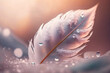 Gentle white air feather with drops of dew on a beautiful soft background. Soft dreamy tender artistic image form for postcard or wallpaper for desktop. Macro