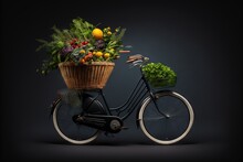  A Bicycle With A Basket Of Vegetables On The Back Of It's Front Wheel And A Basket Of Fruit And Vegetables On The Back Of It's Front Wheel.  Generative Ai