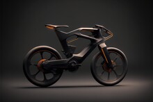  A Futuristic Bike Is Shown In A Dark Room With A Black Background And Orange Accents On The Front Wheel And The Rear Wheel Of The Bike.  Generative Ai