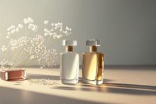 Fresh Spring Romantic Image, Stylish Transparent Glass Perfume Bottles. Stylish Parfumerie Banner. Generative AI.