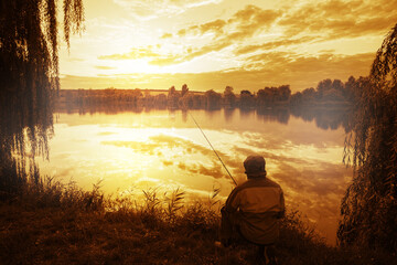 Wall Mural - silhouette of fisherman sitting on shore of lake at sunset