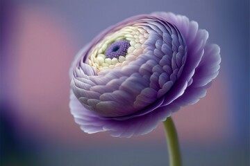 Wall Mural -  a purple flower with a white center and a green stem in the middle of the flower is a blurry background with a pink and blue hue.  generative ai