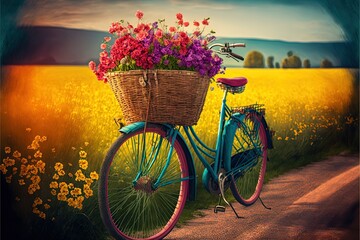 Sticker -  a painting of a bicycle with a basket full of flowers on the front of it on a road with a field of flowers in the background.  generative ai