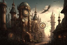 Steampunk Industrial Cityscape Background, Background Landscape, Clocks And Birds, Ai