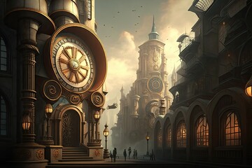 Steampunk industrial cityscape background, background landscape, clocks, ai