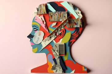 Wall Mural - Abstract modern art collage portrait of young woman. Trendy paper collage composition. Generative ai