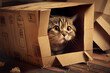 Niedliche Katze sitzt im Pappkarton - Generative Ai