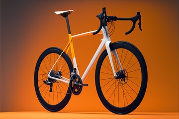 Sticker -  a white and yellow bike with a black seat and a yellow seatpost on an orange background with a shadow of the bike on the ground.  generative ai