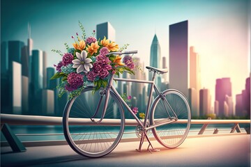 Sticker -  a painting of a bicycle with flowers in the basket on a bridge over a river in front of a large cityscape with skyscrapers.  generative ai