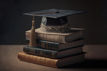 Graduation cap over the pile of books. Graduation concept. Generative Ai.